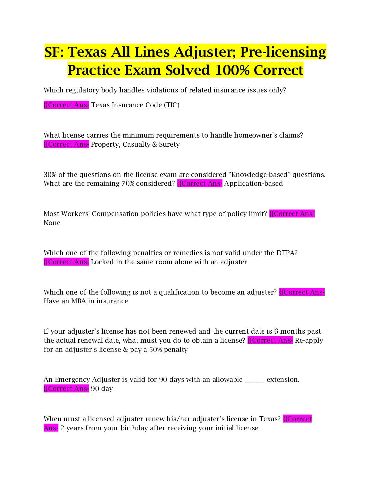 Preview image of SF: Texas All Lines Adjuster; Pre-licensing Practice Exam Solved 100% Correct document